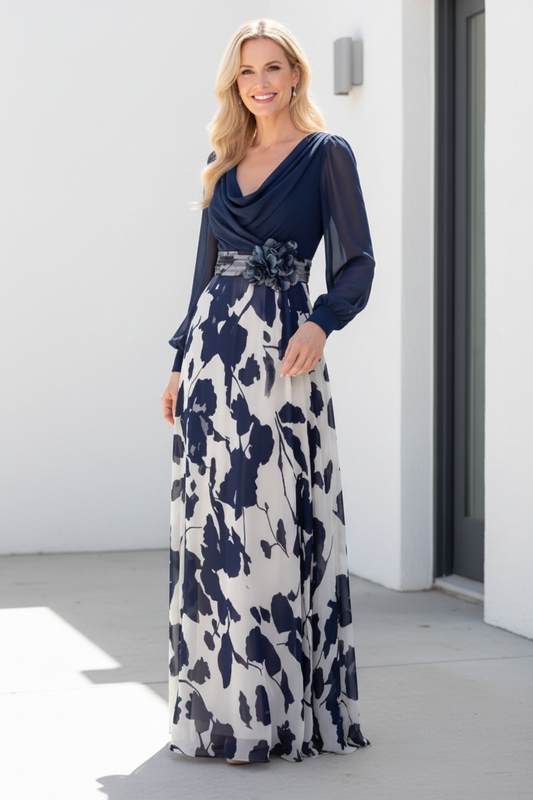 Floral Chiffon A-Line Maxi Dress with Long Sleeves