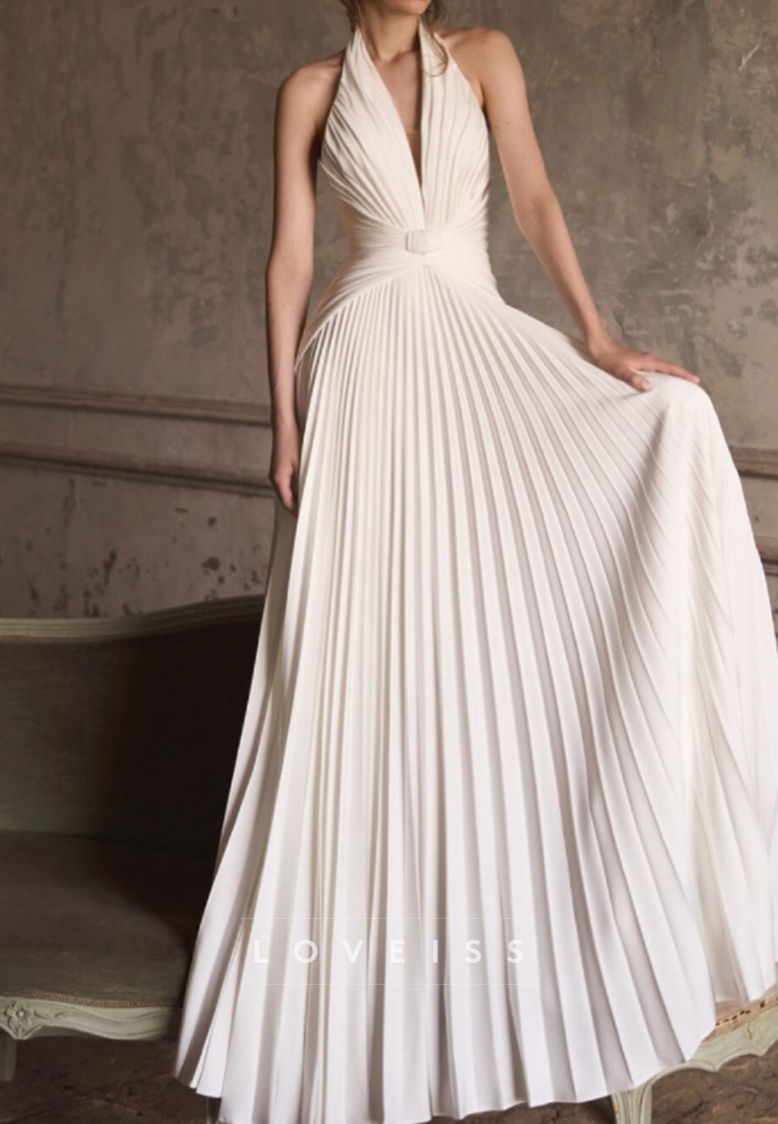 Pleated Halter A-Line Wedding Dress