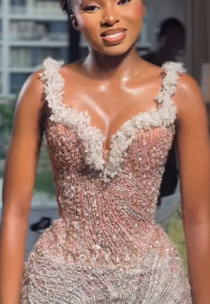 Beaded Swirl Corset Mermaid Evening Gown