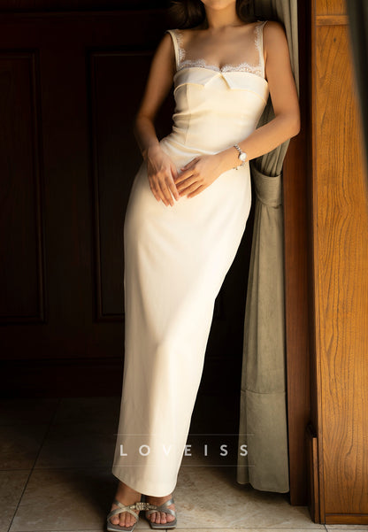 Lace Trim Lapel Bodice Column Maxi Dress