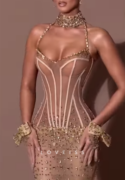 Corset Halter Maxi Dress with Crystal Details