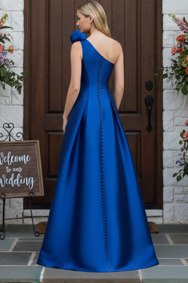 One-Shoulder Rosette Satin A-Line Gown