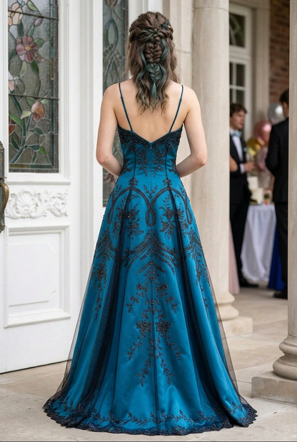 Beaded A-Line Gown with Spaghetti Straps