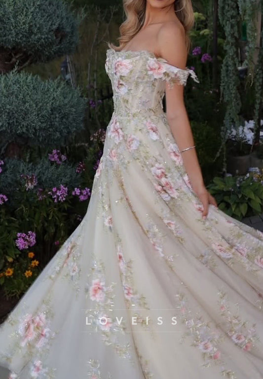 Floral Embroidered Off-Shoulder Ball Gown