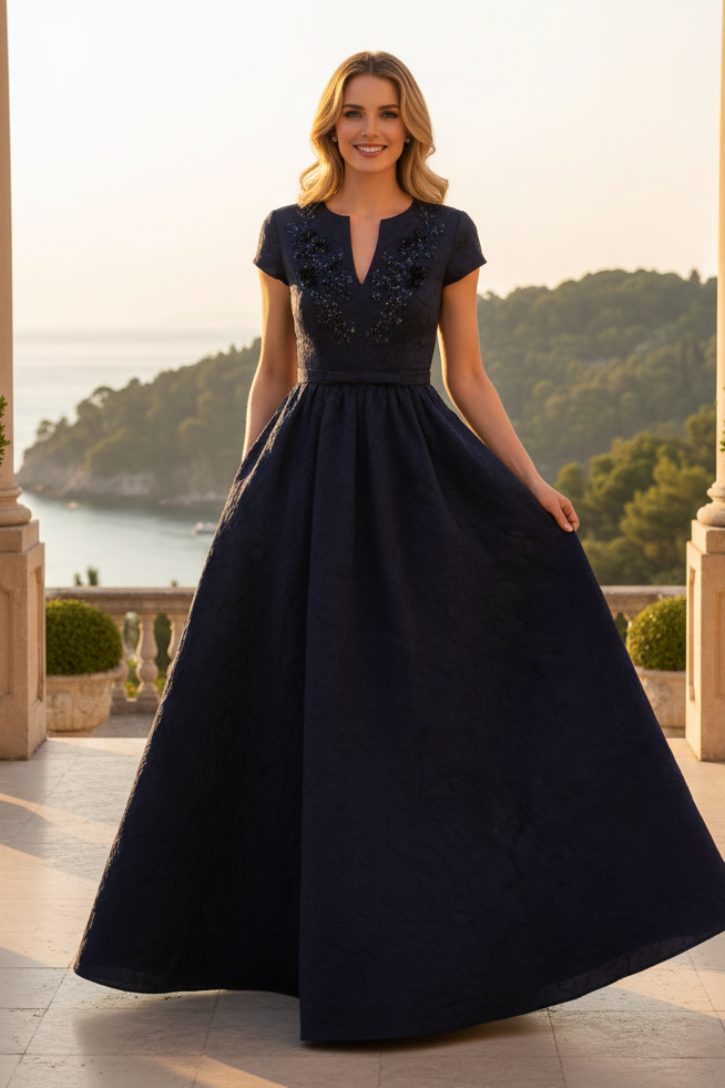 Beaded V-Neck Jacquard A-Line Gown with Pockets