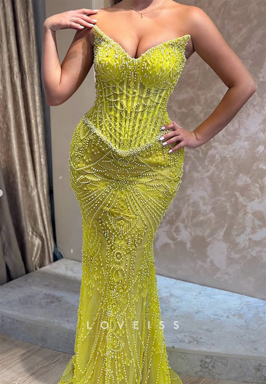 Pearl Beaded Corset Mermaid Evening Gown