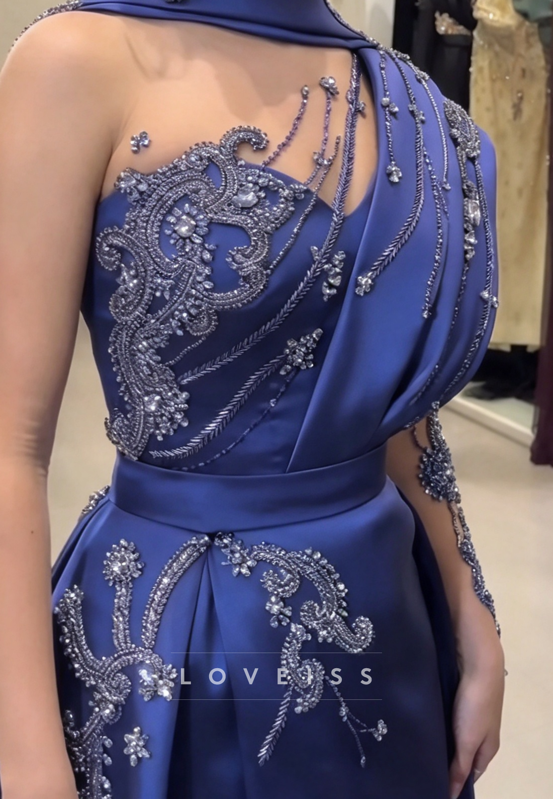 Beaded Draped Gown with High Slit and Overskirt