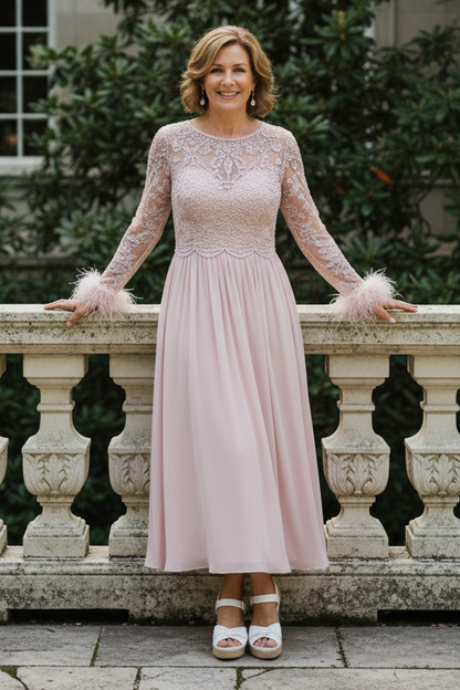 Beaded V-Neck A-Line Midi Dress with Feather Cuffs