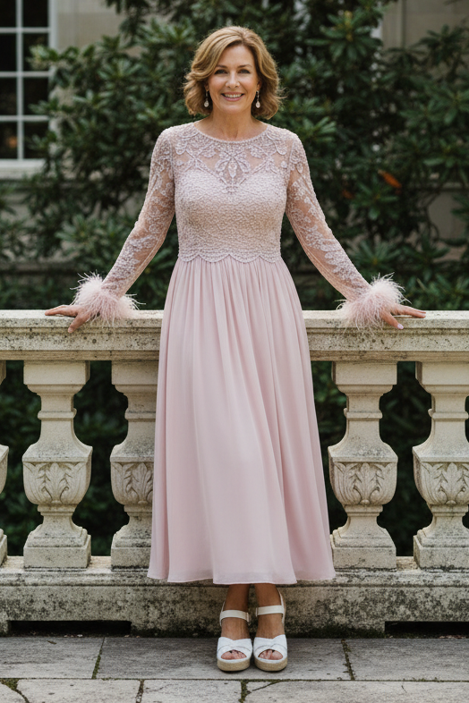Beaded V-Neck A-Line Midi Dress with Feather Cuffs