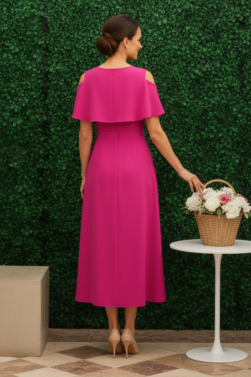 Cold Shoulder Flutter Sleeve Midi Dress with Beaded Belt