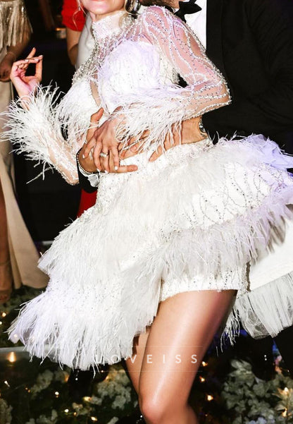 Beaded Feather High Neck Mini Dress