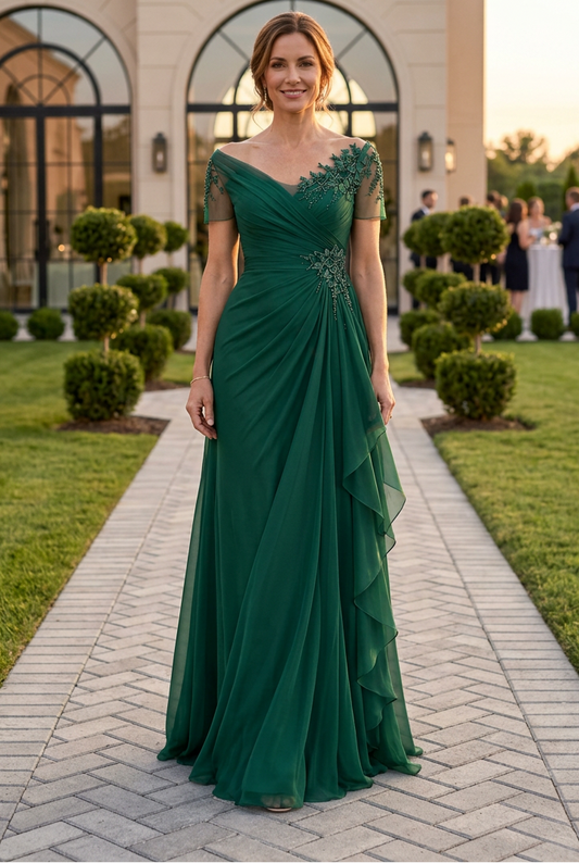 Asymmetrical Pleated Evening Gown with Side Drape