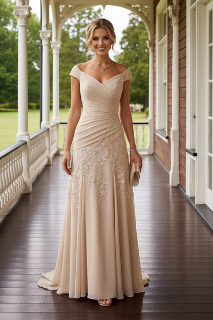 Off-Shoulder Ruched Floral Lace Chiffon Evening Gown