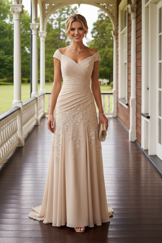 Off-Shoulder Ruched Floral Lace Chiffon Evening Gown