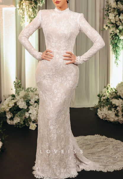 High Neck Long Sleeve Sequin Lace Wedding Dress