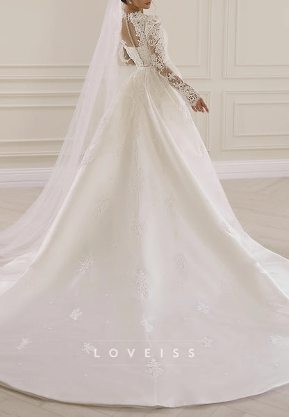 Long Sleeve Lace Ball Gown Wedding Dress with Train