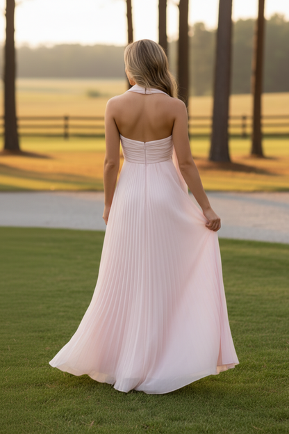 Strapless Pleated Chiffon Maxi Dress with Lace-Up Back