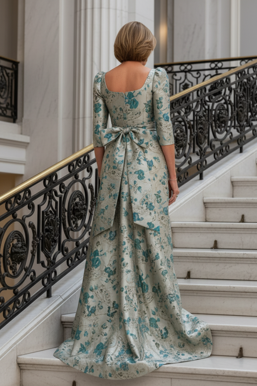Square Neck Jacquard Column Gown with Back Drape