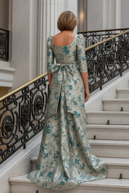 Square Neck Jacquard Column Gown with Back Drape