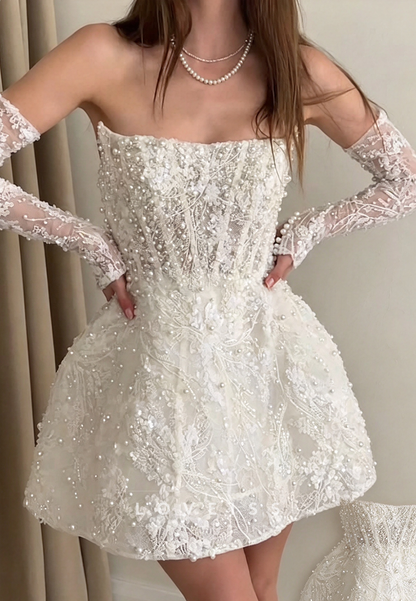 Pearl Beaded Corset Mini Dress with Gloves