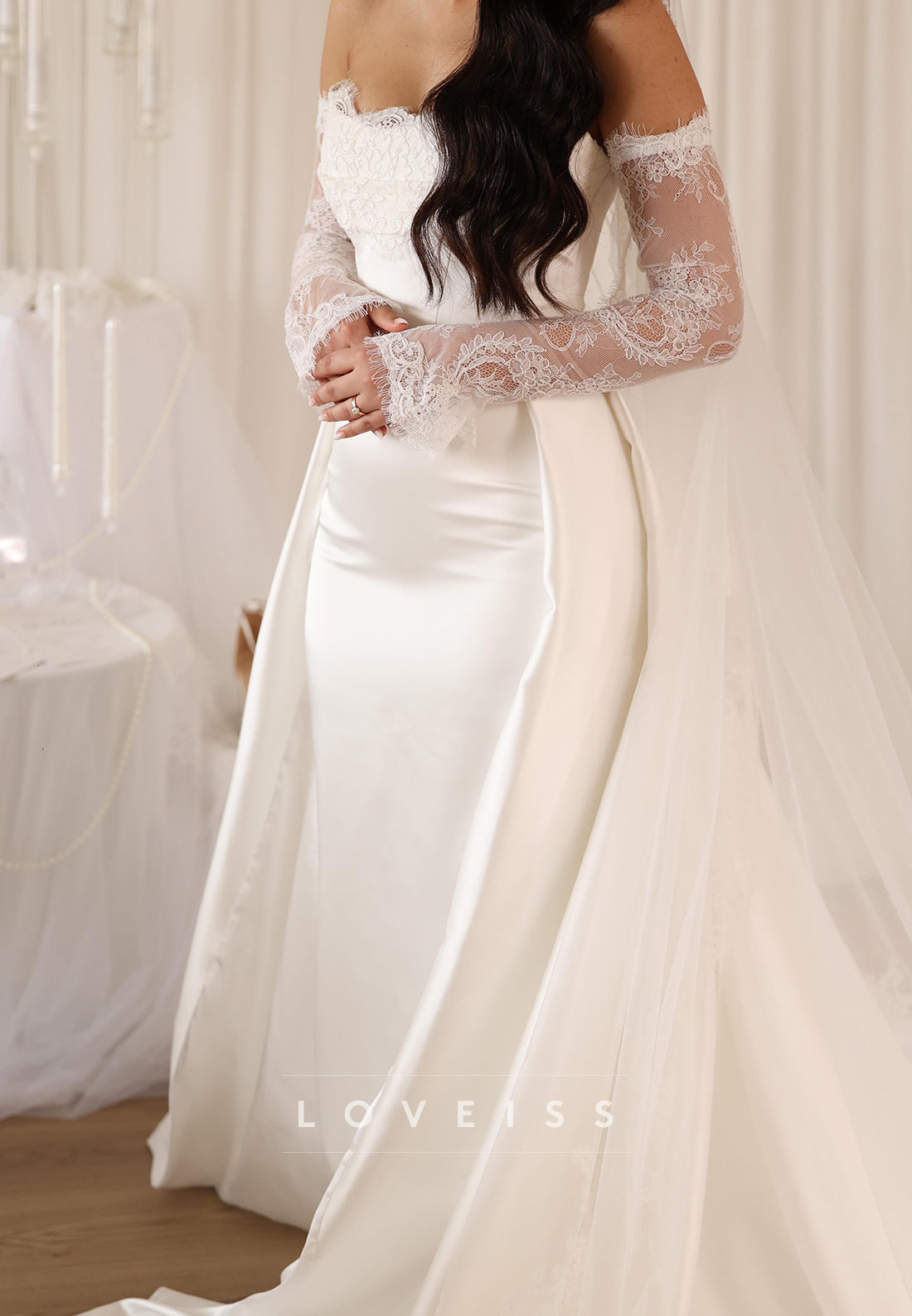 Off-the-Shoulder Satin Wedding Dress with Lace