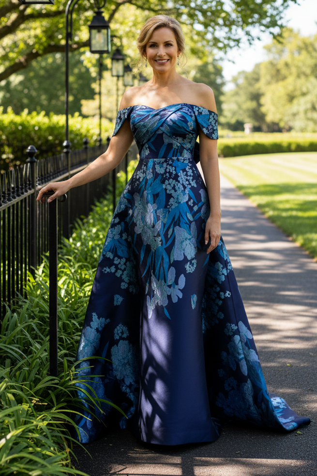 Off-the-Shoulder Floral Jacquard Gown with Train