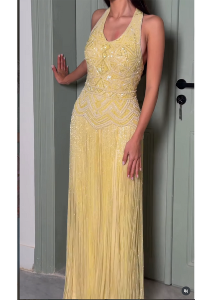 Beaded Halter Maxi Dress with Fringe Skirt