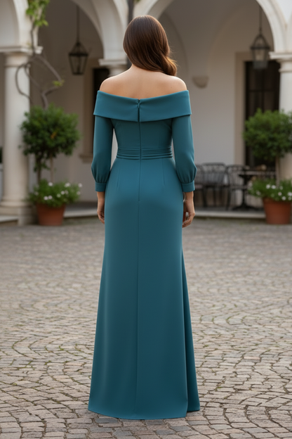 Off-Shoulder Long Sleeve Sheath Gown with Appliques