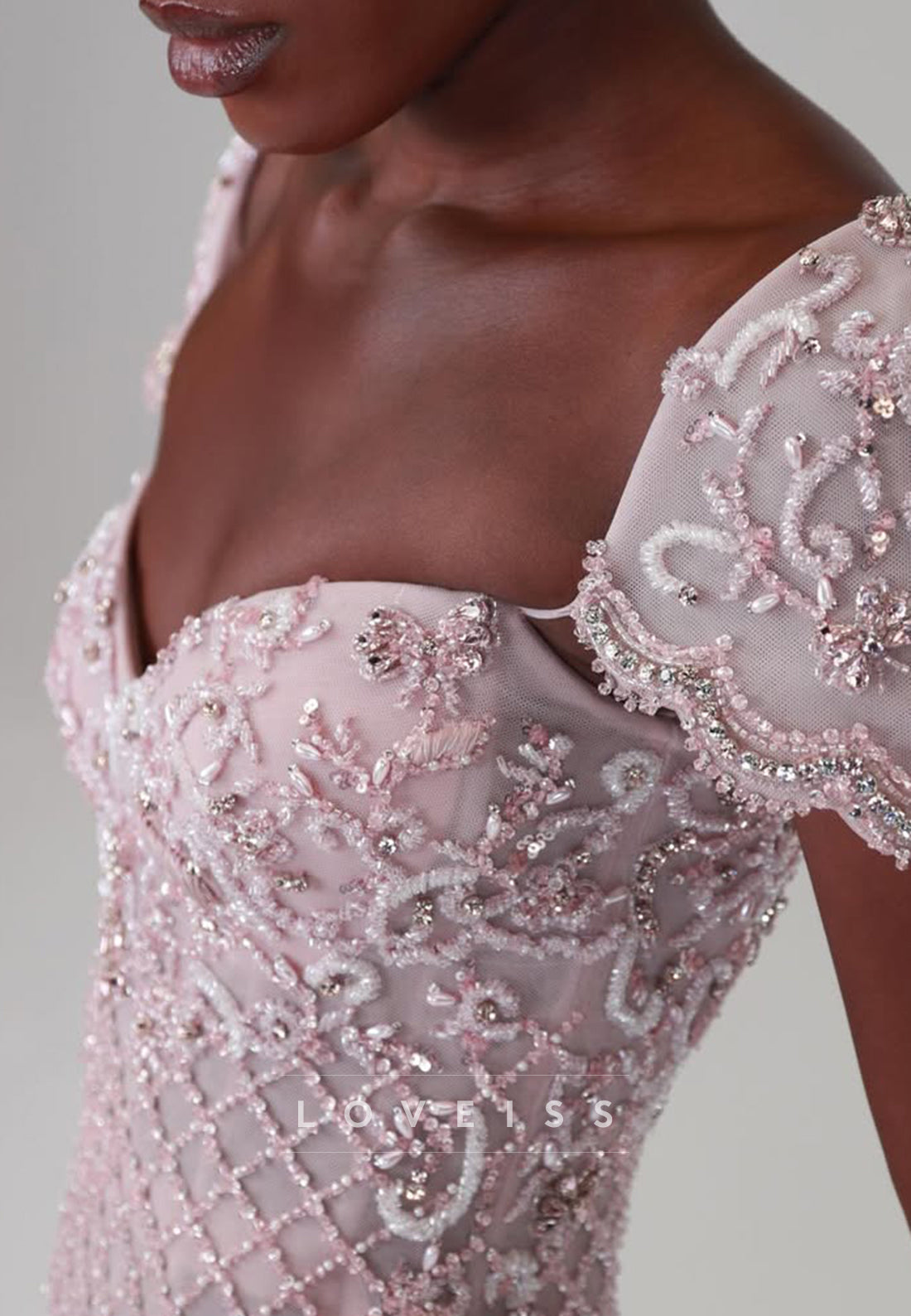Beaded Lattice Bodice Gown with Scalloped Cap Sleeves