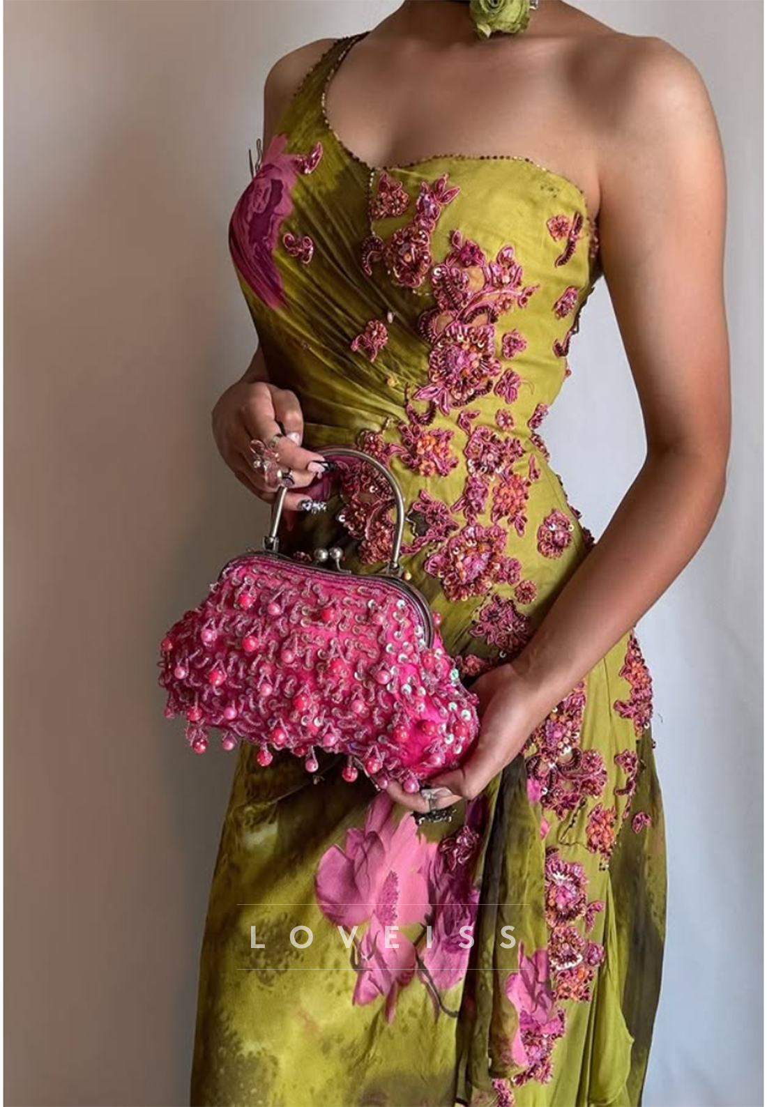 One-Shoulder Floral Applique Evening Gown