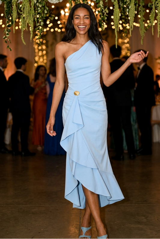 One-Shoulder Column Dress with Brooch Ruffle