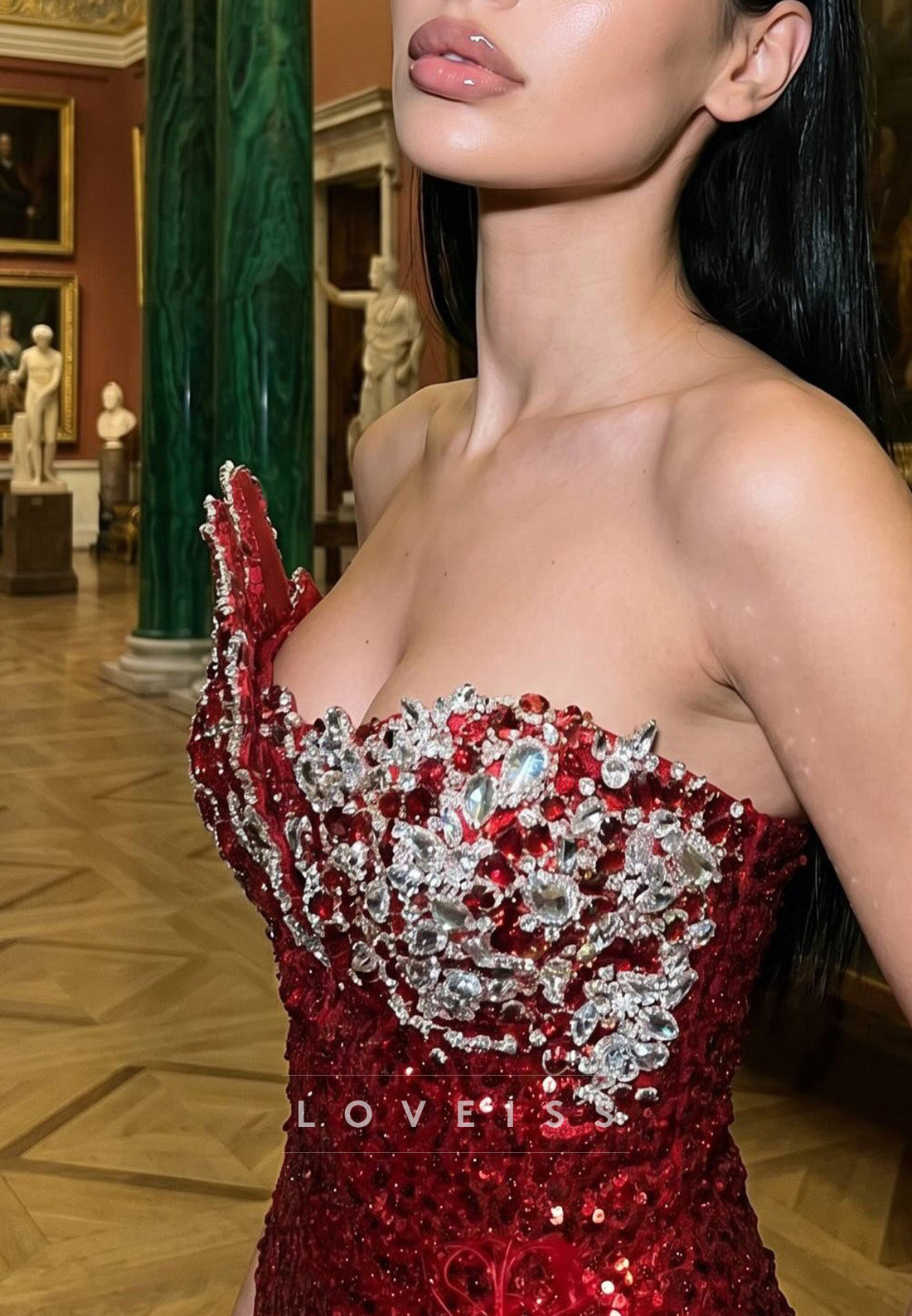 Sequin Asymmetrical Gown with Feather Slit Trim