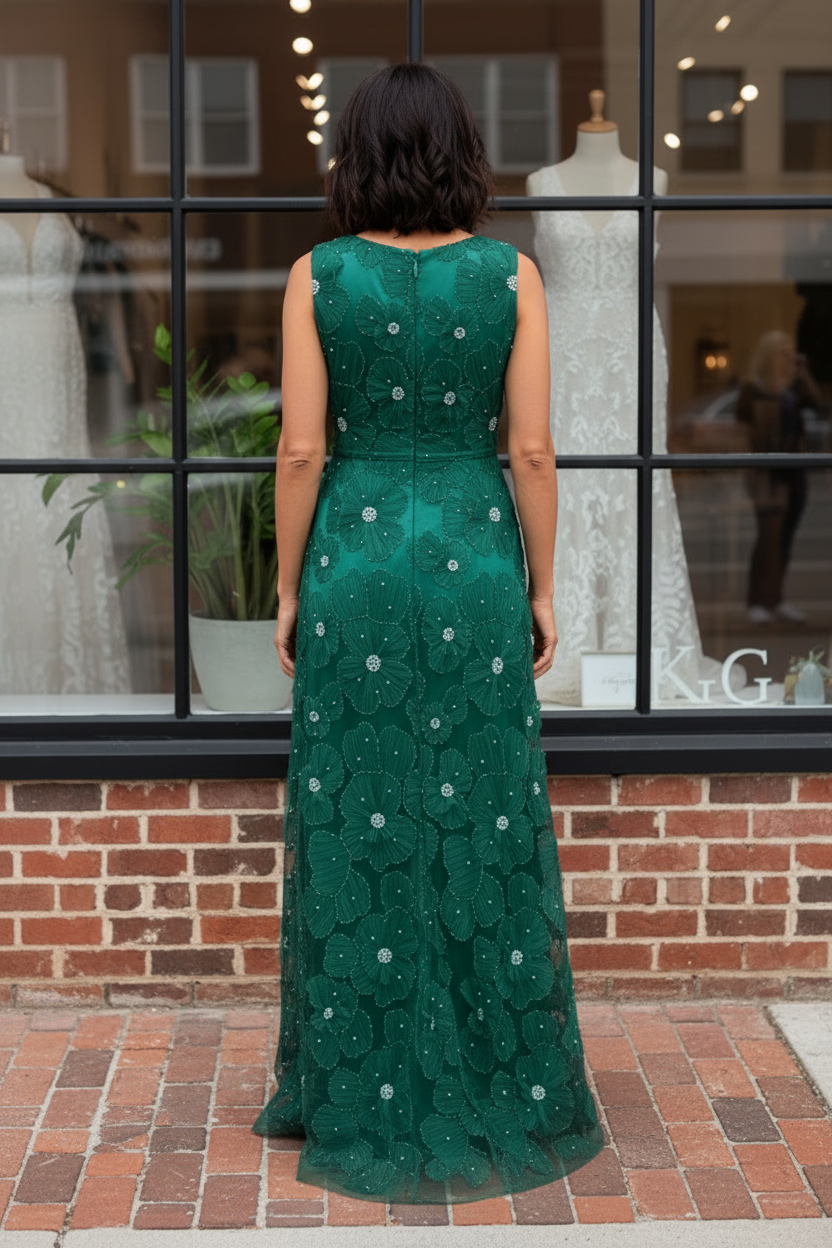 3D Floral Applique Sleeveless Bateau Gown