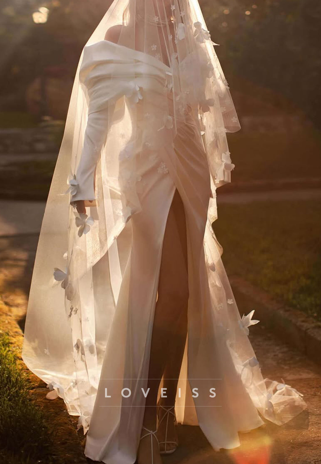 Draped Off-Shoulder Long Sleeve Bridal Gown with Slit