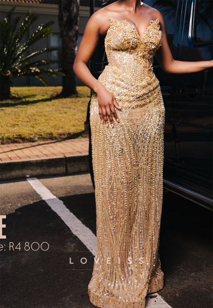 Beaded Strapless Sweetheart Column Evening Gown
