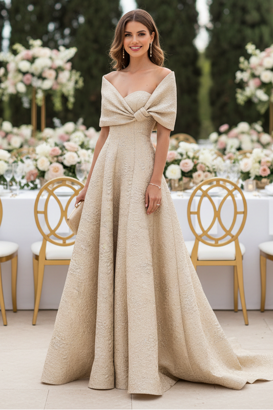 Off-Shoulder Jacquard A-Line Evening Gown