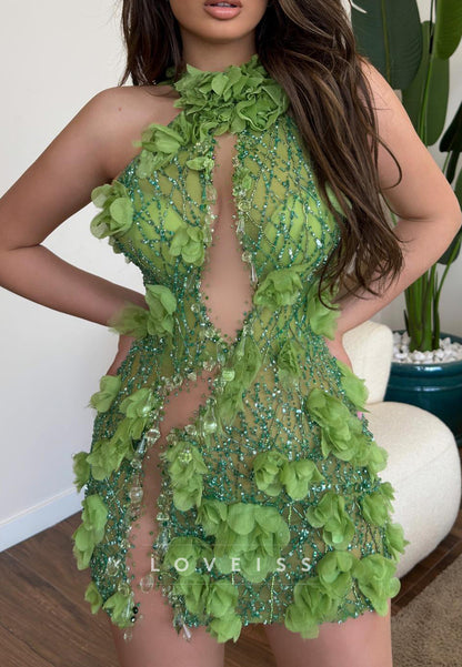 3D Floral Beaded Halter Mini Dress with Cut-Outs