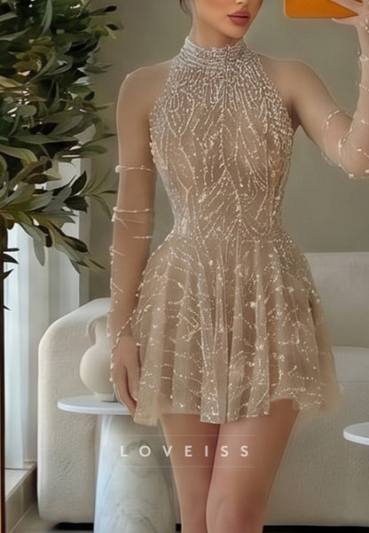 Pearl Beaded High-Neck Long Sleeve Mini Dress