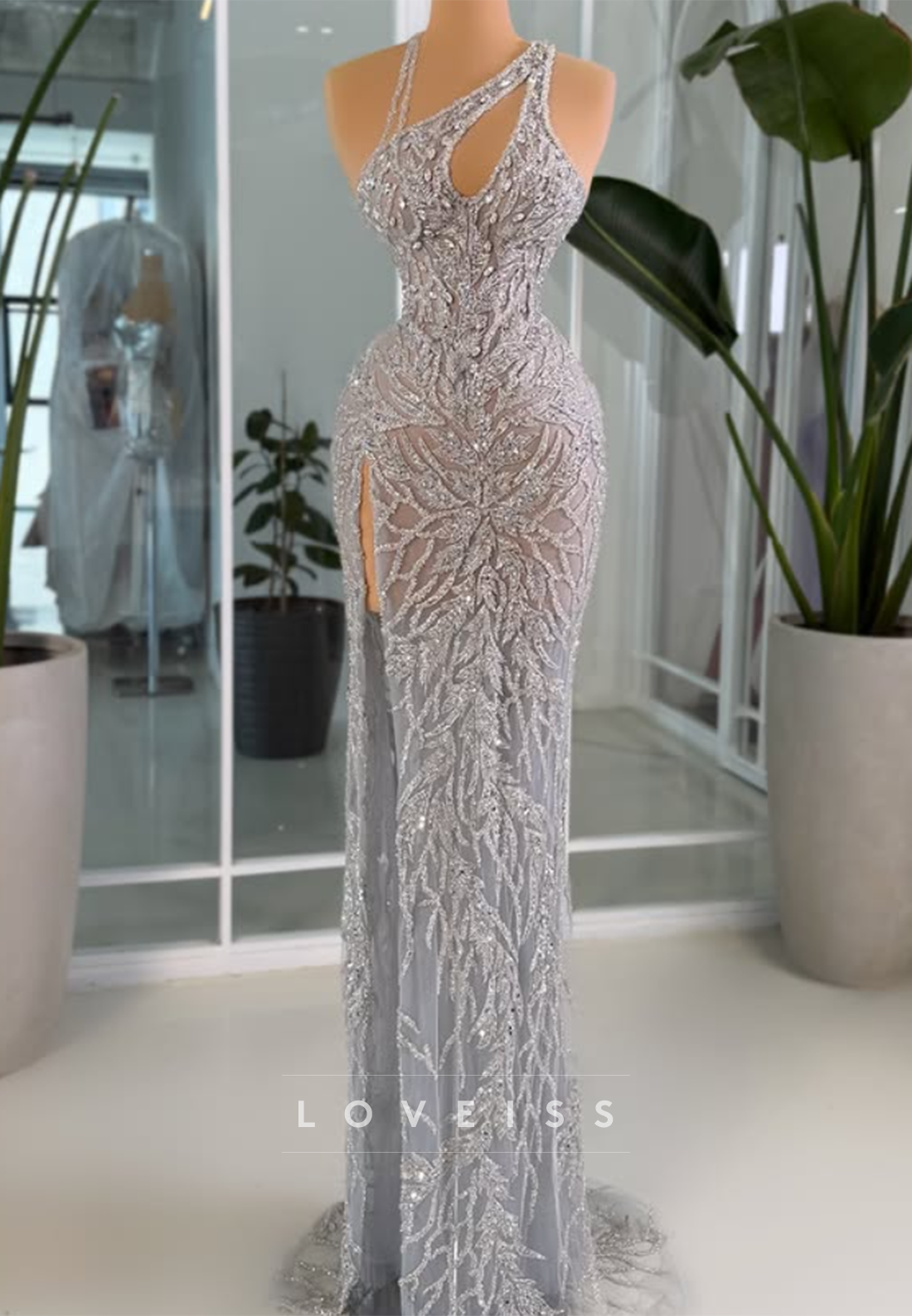 Beaded One-Shoulder Gown with High Slit