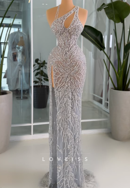Beaded One-Shoulder Gown with High Slit
