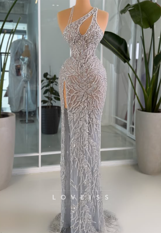 Beaded One-Shoulder Gown with High Slit