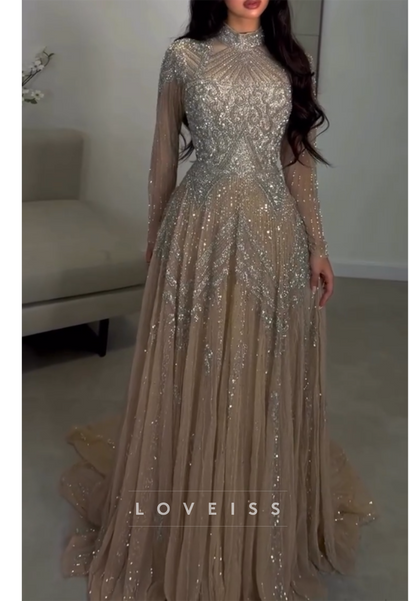 Beaded High Neck Long Sleeve A-Line Evening Gown