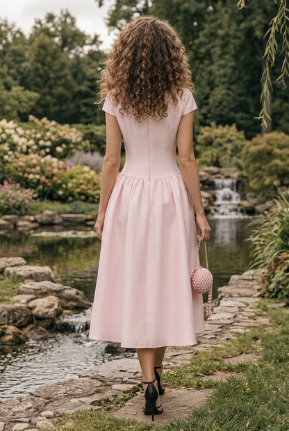Drop Waist Button Front Midi Dress with Cap Sleeves