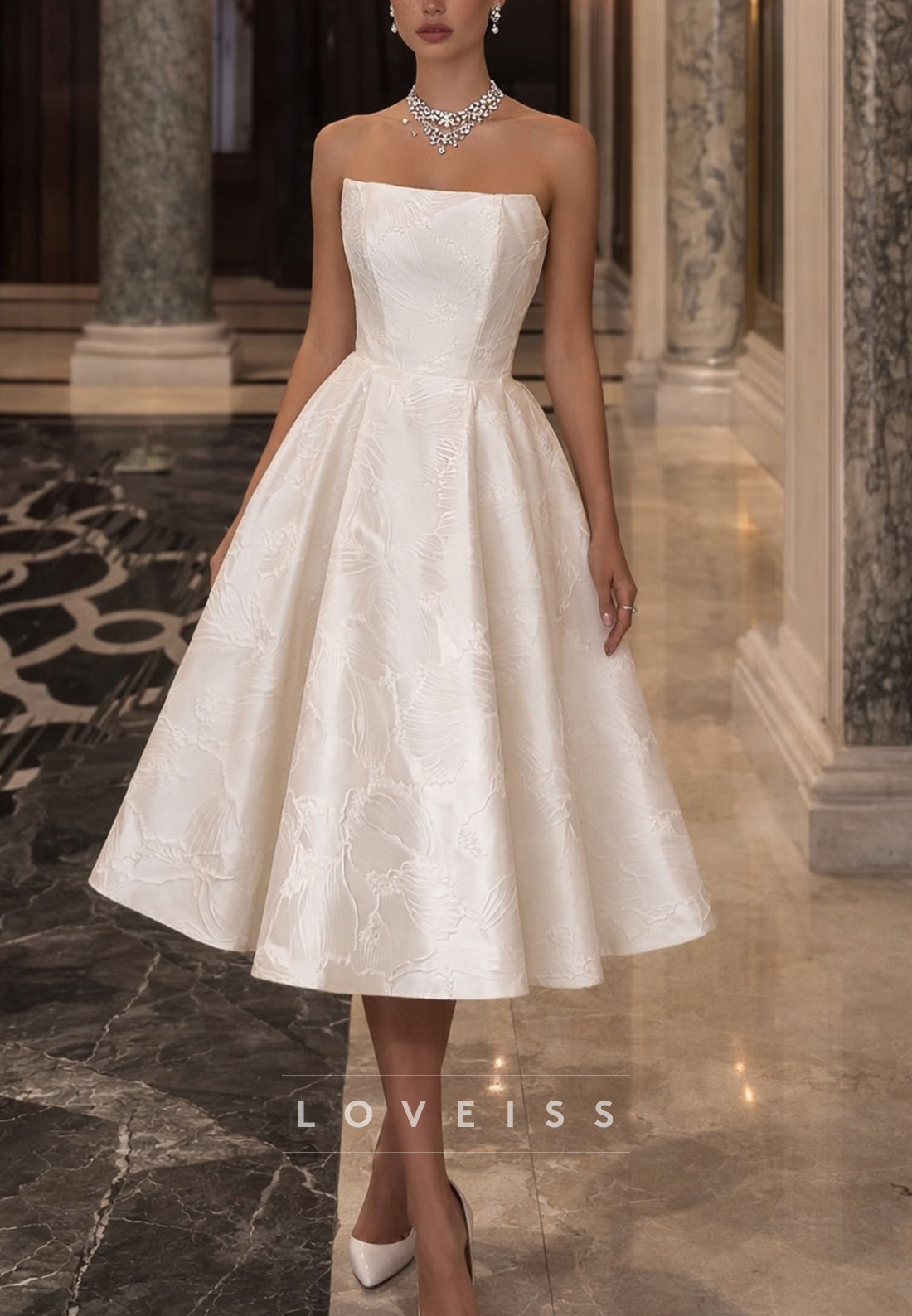 Strapless Jacquard A-Line Tea-Length Wedding Dress
