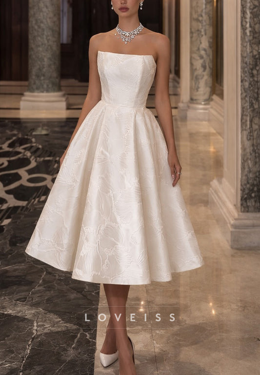 Strapless Jacquard A-Line Tea-Length Wedding Dress