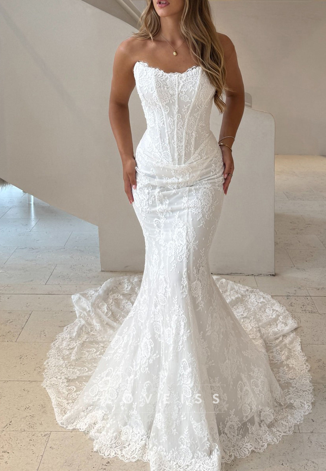 Strapless Lace Mermaid Wedding Dress with Corset Bodice