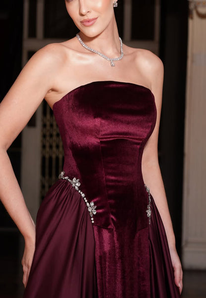 Strapless Velvet Bodice Gown with Crystal Accents