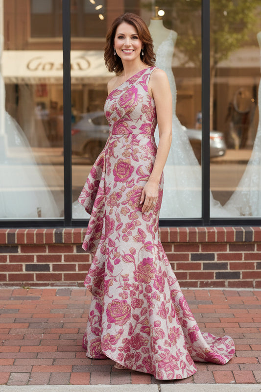 One-Shoulder Metallic Jacquard Evening Gown