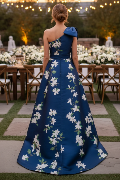 One-Shoulder Floral Print A-Line Gown with Bow