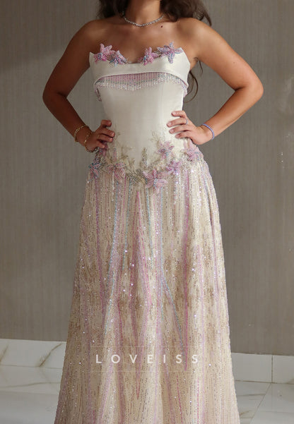 Strapless Sequin Gown with 3D Beaded Floral Appliques